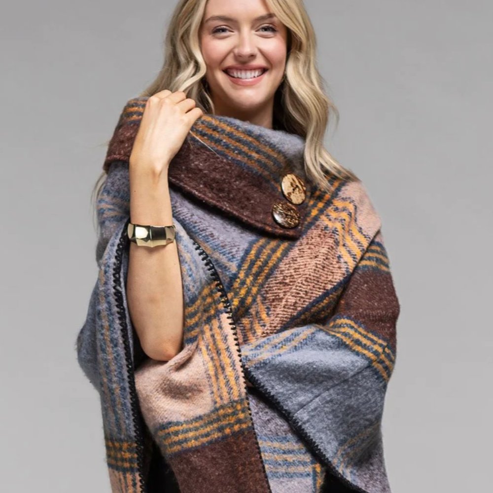 Scarlett Woven Plaid Poncho with Button Detail